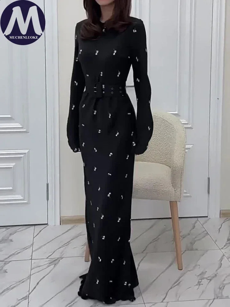 Elegant and Pretty Womens Dresses Autumn Winter Printing O Neck Long Dress Korean Fashion Slim Fit Long Sleeve A-line Dress 240823