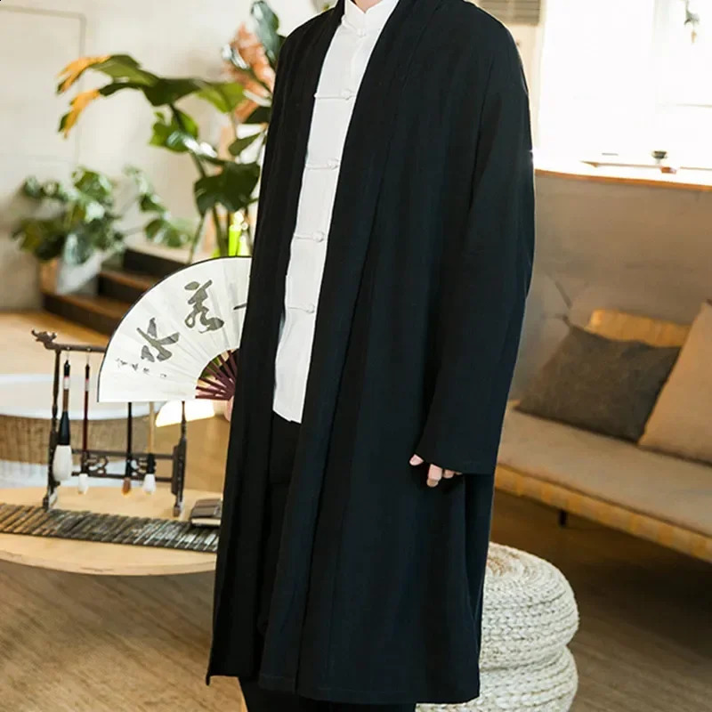 Chinese Style Mens Robe Cloak Loose Linen Cardigan Jacket Fashion Streetwear Solid Color Casual Loose Mid-length Trench Coat 240822