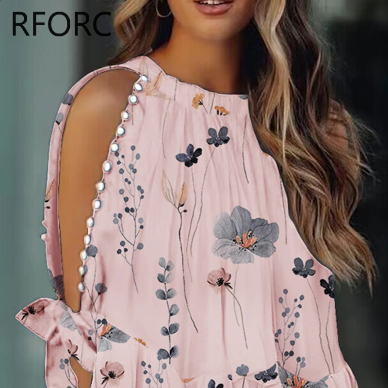Womens pleated hem long sleeved round neck Allover printed rhinestone decorative sleeves vacation shirt top 240822