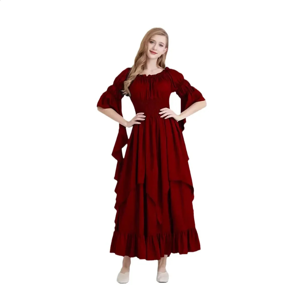 Retro womens shoulder tight corset waist Halloween dress in red black and green 240823