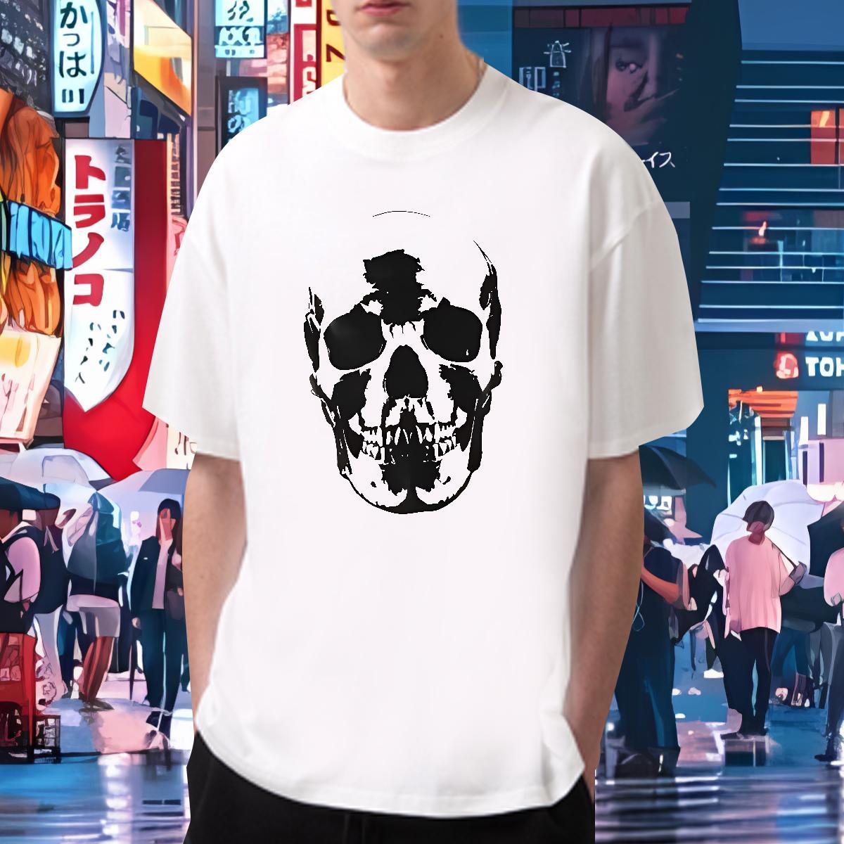 Loose Mens T Shirts 230g Cotton skull Daily Outfit Anime Print Short Sleeve Soft Men Tops Tees Classic Casual Tops Shirt
