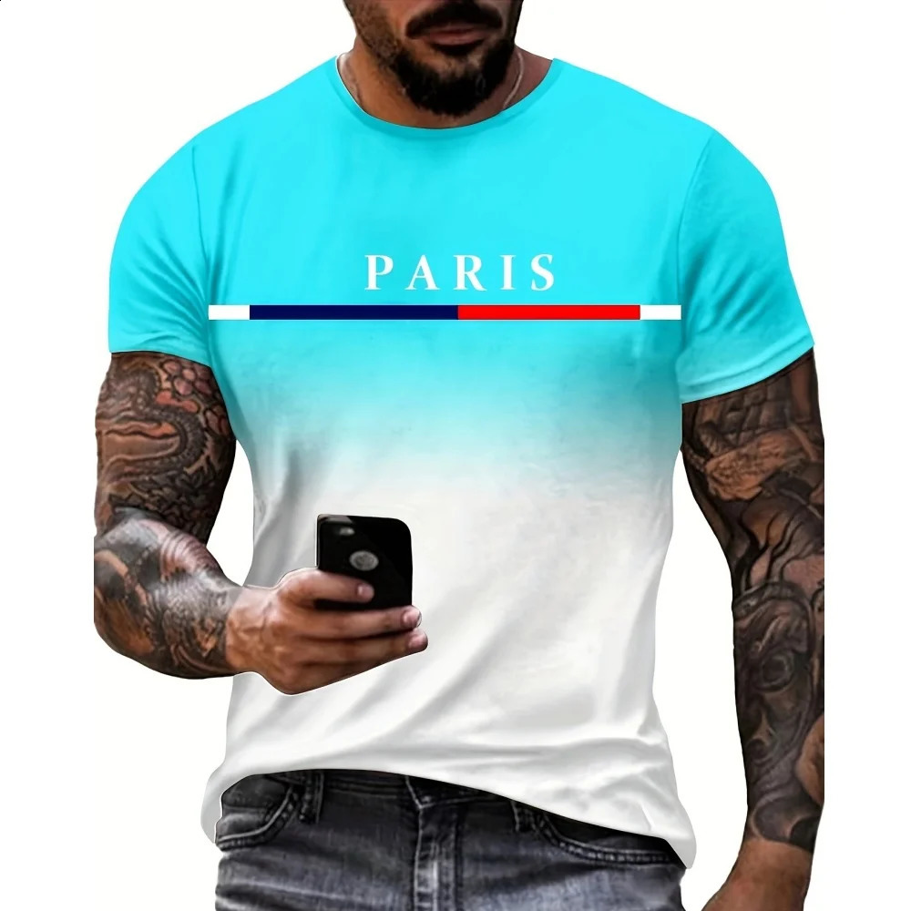 Fashionable mens Tshirt gradient color Paris graphic 3D printed casual short sleeved oversized top 240822