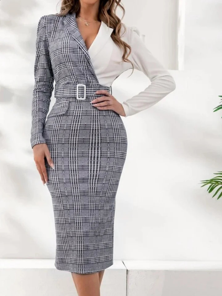 Autumn Winter Sexy Long Sleeve V-Neck Houndstooth Print Dress WomenHarajuku Plus Size Vestido Midi Bodycon Dresses For Women 240823
