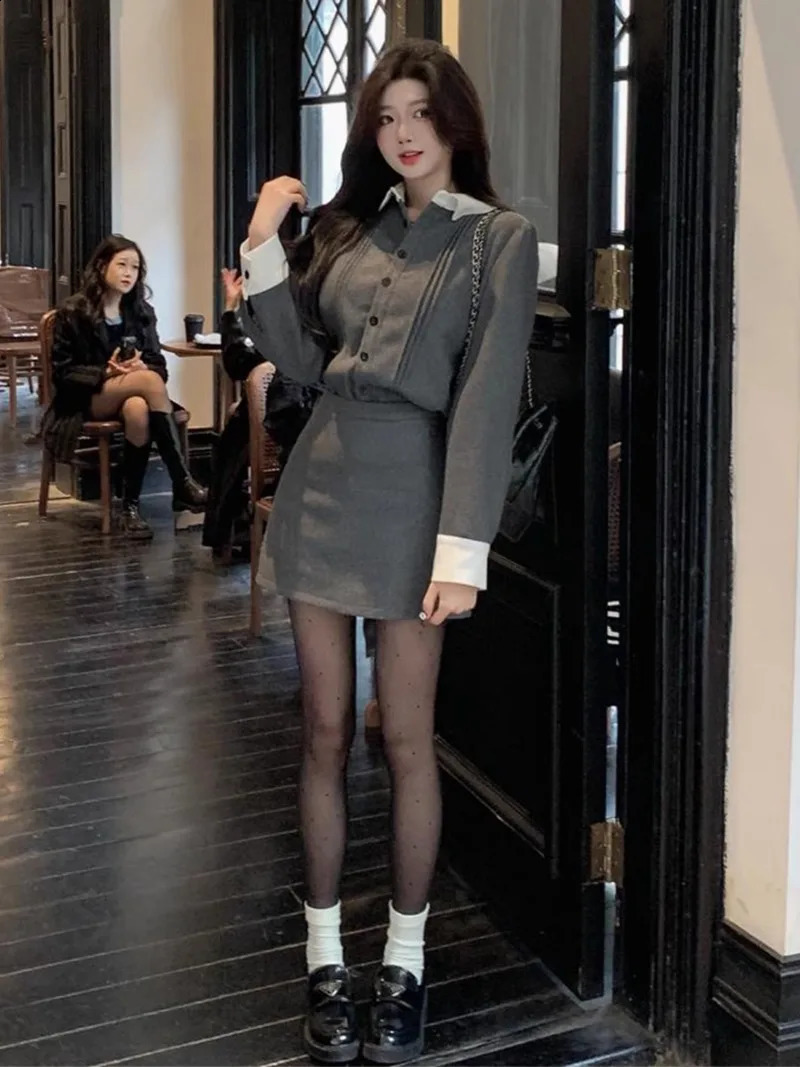 Temperament Contrast Color Lapel Shirt A-line Skirt Two-piece Set Women Fashion Korean Single Breasted Celebrity Slim Spring Set 240823