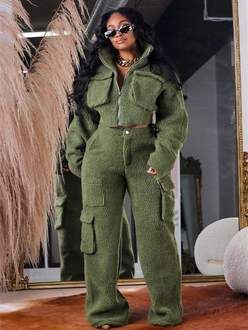 Street clothing wool 2piece set womens winter warm jacket top pocket cargo pants twece