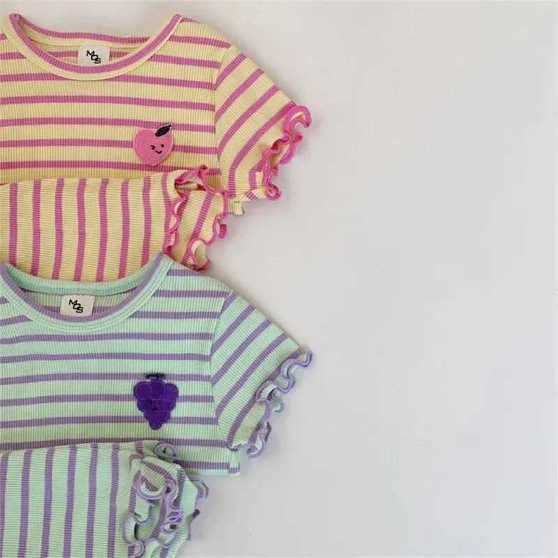 2024 summer new baby striped short sleeved clothing set girls ear top+short 2-piece set childrens grape pattern clothing project W250218