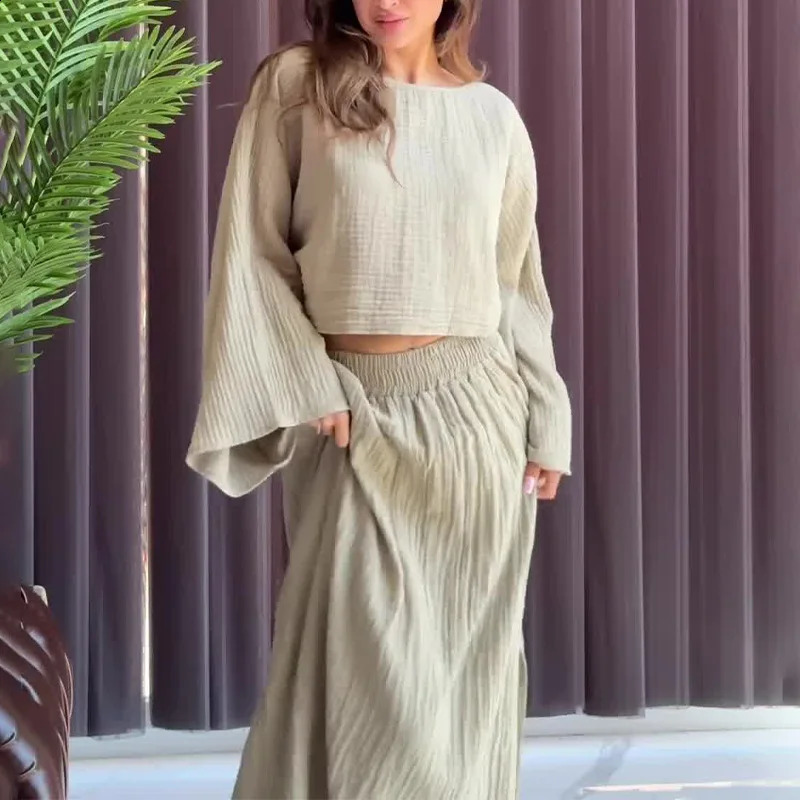Summer Fashion Two Piece Set Women Casual Solid Flare Sleeves Top Skirt Two Piece Set Women 240823