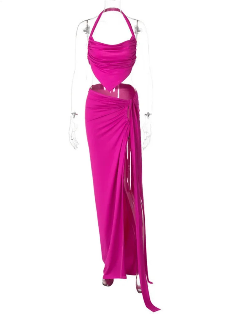 Fashion Sexy Skirt Two Piece Sets Women Halter Crop Top And Maxi Skirt Femme Club Party Split Skirt Two Piece Sets 240823
