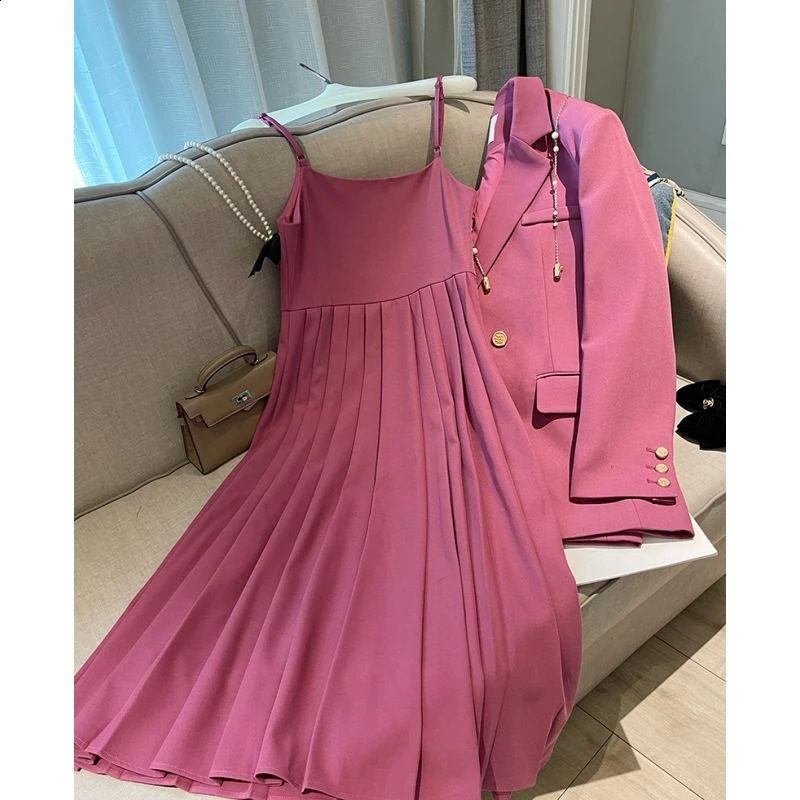 Spring Autumn Blazers Suspenders Womens Two-piece Set Loose Casual Suit Outerwear Sling Skirt Women 240823