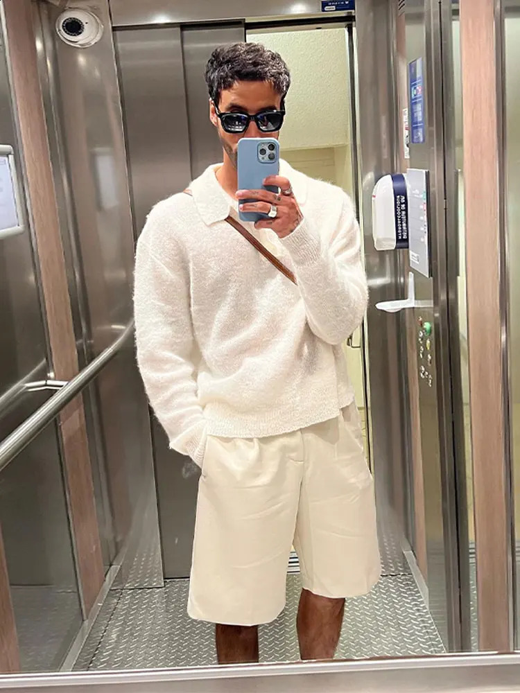 Fashionable solid mens polo knitted sweater autumn oversized lapel top casual street thin pull jumper 240822