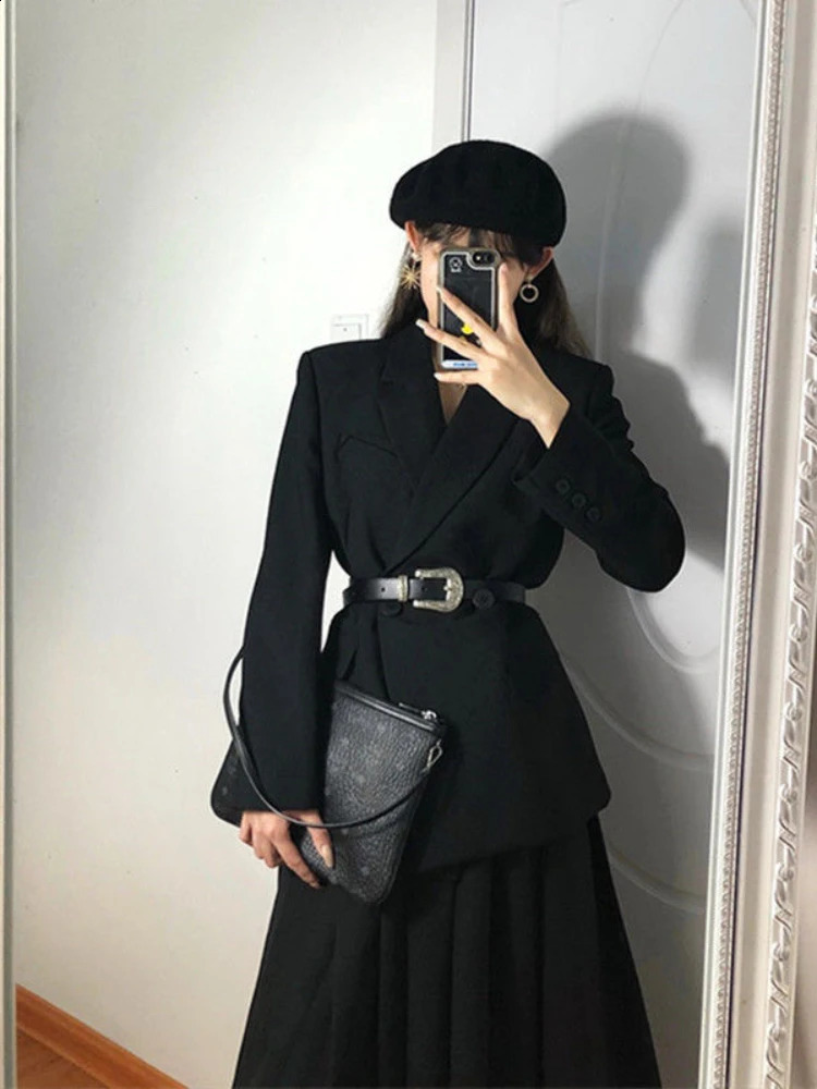 Xgoth Autumn Elegant Suit Long-sleeved Straight Shoulder Blazer Jacket High Waist Long Skirt Office Lady Two-piece Sets 240823