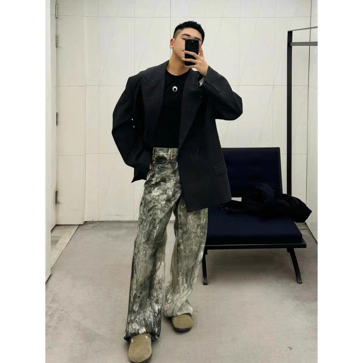 Ac Style 3d Digital Camouflage Printed Denim Mens Summer New Style Distressed Low Waist Wide Leg Long Pants