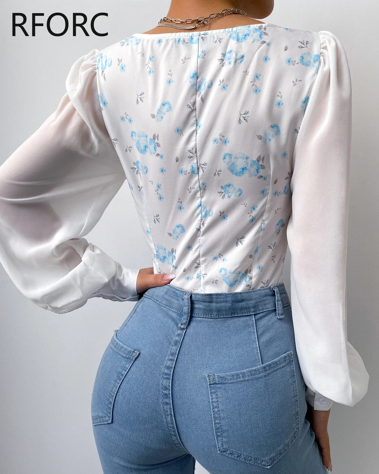 Womens Printed Square Neck Criss Cross Lace Long Lantern Sleeve Chiffon Shirt Top 240822