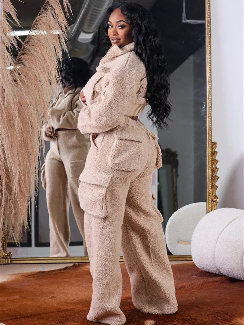 Street clothing wool 2piece set womens winter warm jacket top pocket cargo pants twece