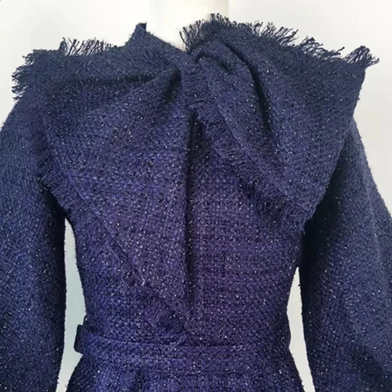 High Quality Women Bowknot Tweed Woolen Dress Autumn Winter Plaid Lantern Sleeve Ladies Office Midi Vestidos With Belt 240823