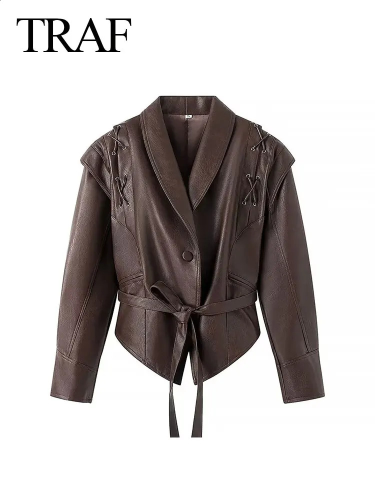 TRAF Female Street Leather Jacket Spring Womens Versatile Brown Long Sleeves V-neck Single Breasted Lace-up Causal Coats 240823