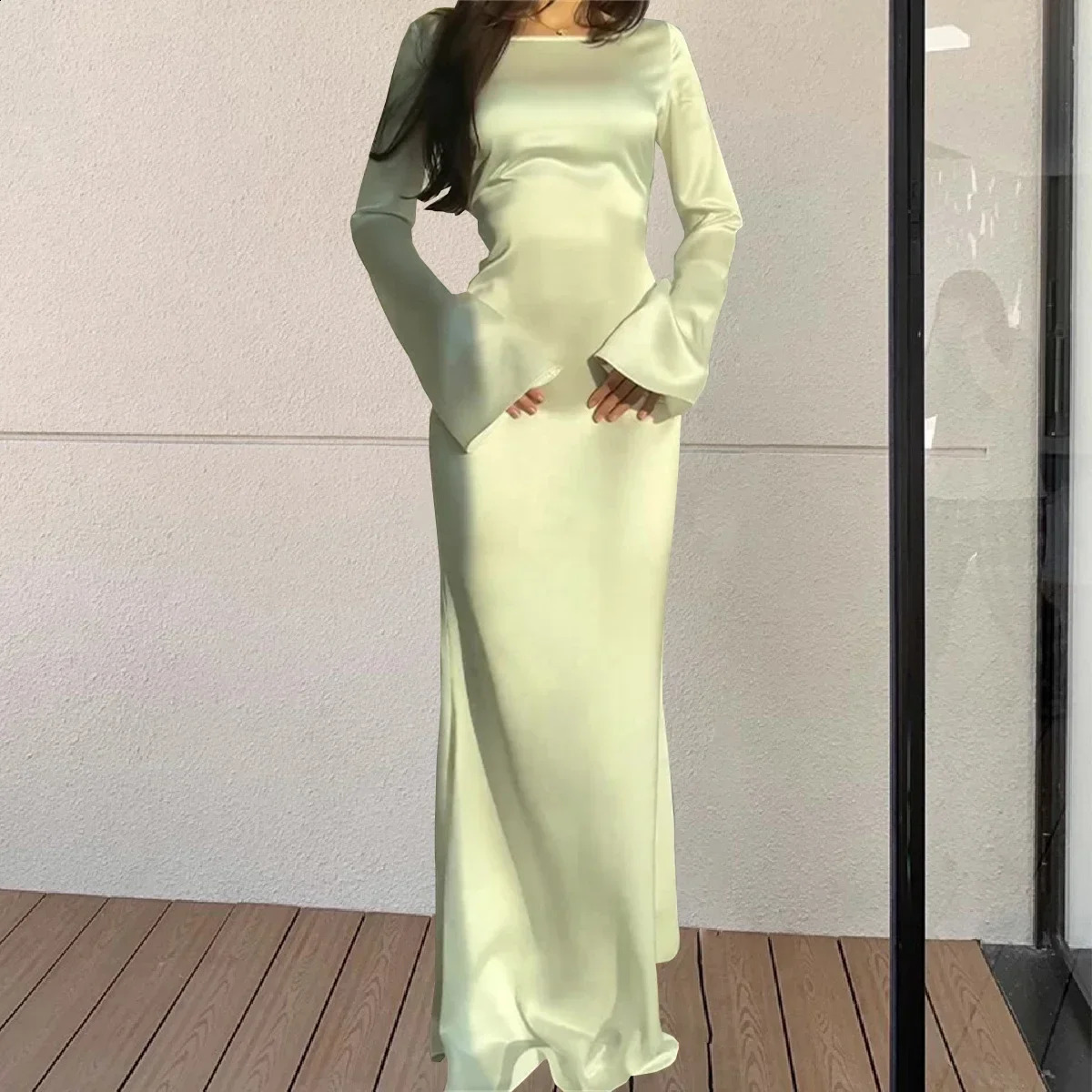 Elegant Long Dresses Fashion Vintage Simple Round Neck Satin Flare Sleeve Lace Up Slim Evening Party Women Sexy Dress 240823
