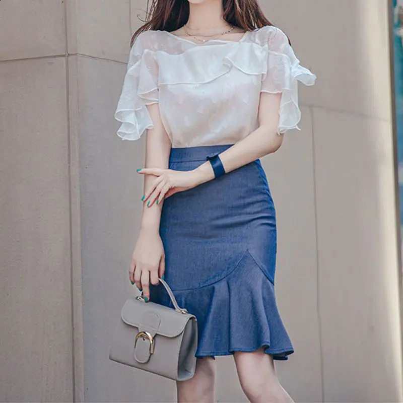 Elegant Fashion Harajuku Slim Fit Female Clothes Loose Casual All Match Cow Skirt Chiffon Short Sleeve Tops Two Piece Set 240823