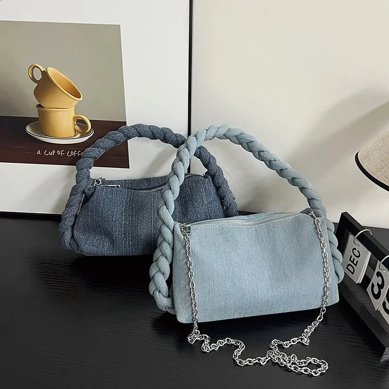 Preppy Style Niche Cloud Handle Bag Fried Dough Twist Strap Denim Underarm Bag Upscale Exquisite Chain Women Crossbody Bag 240822