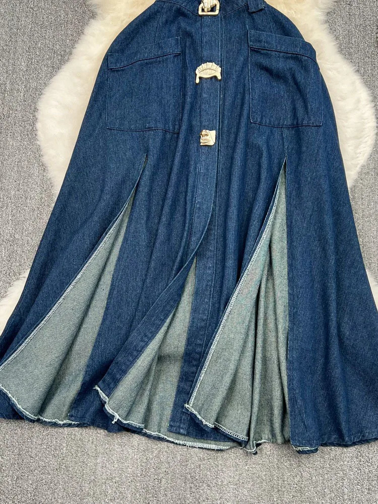 DEAT Trendy Fashion Womens Metal Buckle Waist Hollow Out Denim Dress Spring Lapel Sleeveless Split Dresses Female 33A1196 240822