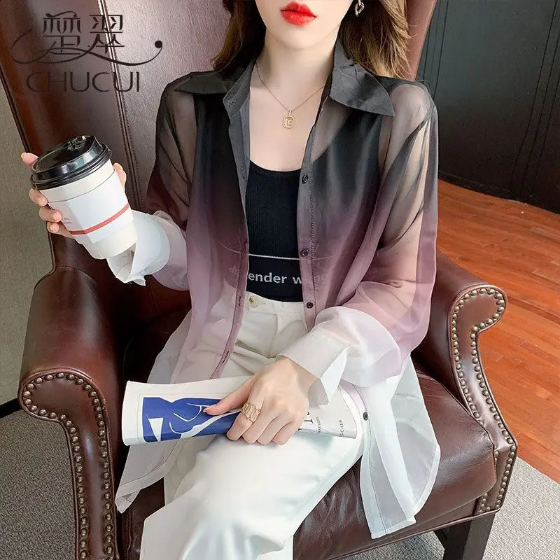 Women Summer Simplicity Loose Sunscreen Tie Dye Gradient Color Chiffon Long Sleeve Shirts Women Clothes Casual All-match Tops 240823