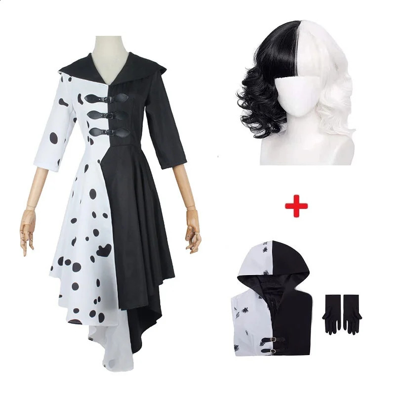 Adult Black and White Witch Deville cosplay womens outfit with gloves Halloween party set w240824