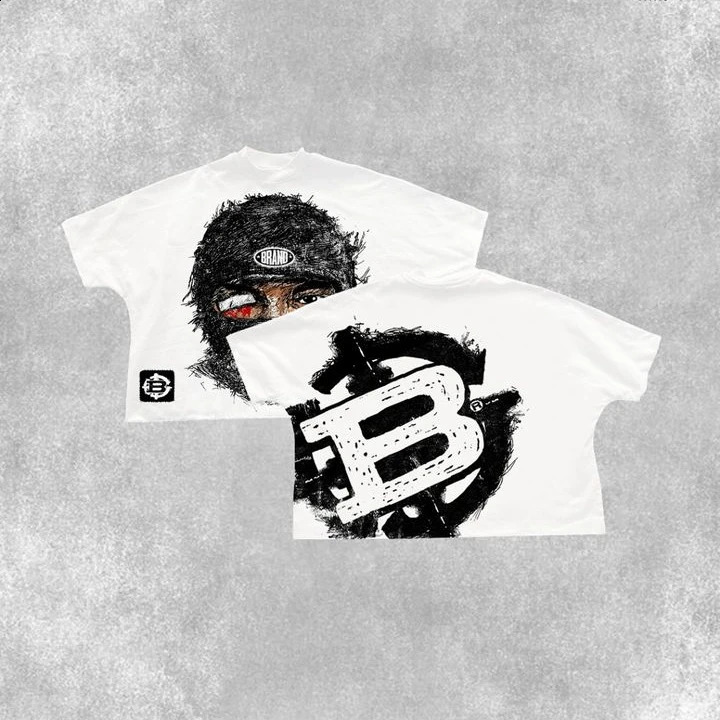 Street clothing Tshirt Y2K short sleeved top retro punk rock pattern oversized mens round neck cotton 240822