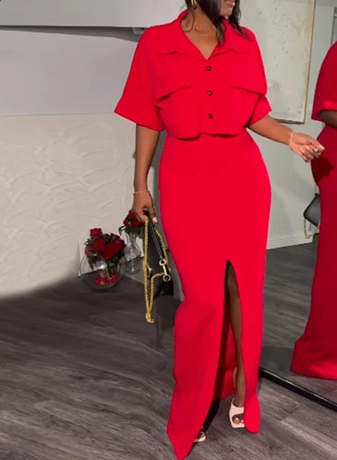 Fresh Style Two Piece Set for Women Summer Medium Length Skirt Buttons Lapel Short Shirt Top Split Hip Skirt Suit Skirt Set 240823