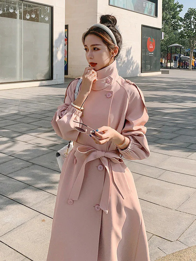 LANMREM Pink Trench Coat For Women Spring Double Breasted Long Sleeves Belt Windbreaker Female Outerwear Elegant 2R3056 240822