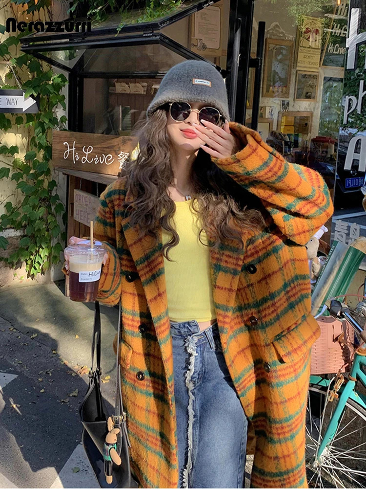 Nerazzurri Autumn Winter Long Loose Casual Colorful Thick Warm Soft Plaid Woolen Coat Women Double Breasted Korean Fashion 240822