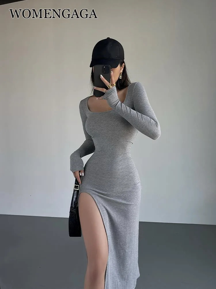 WOMENGAGA Black Long Sleeve Sexy Side Split Knitted Dress For Womens Summer Waist Tight High Slim Hip Dresses Fashion OIOV 240823