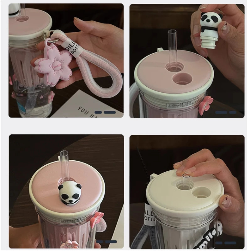 650ml Kawaii Sakura And Panda Water Bottle With Filter Cute Tritan Sport Ice Coffee Tea Juice Cups Gym Bottle For Girl Women 240822