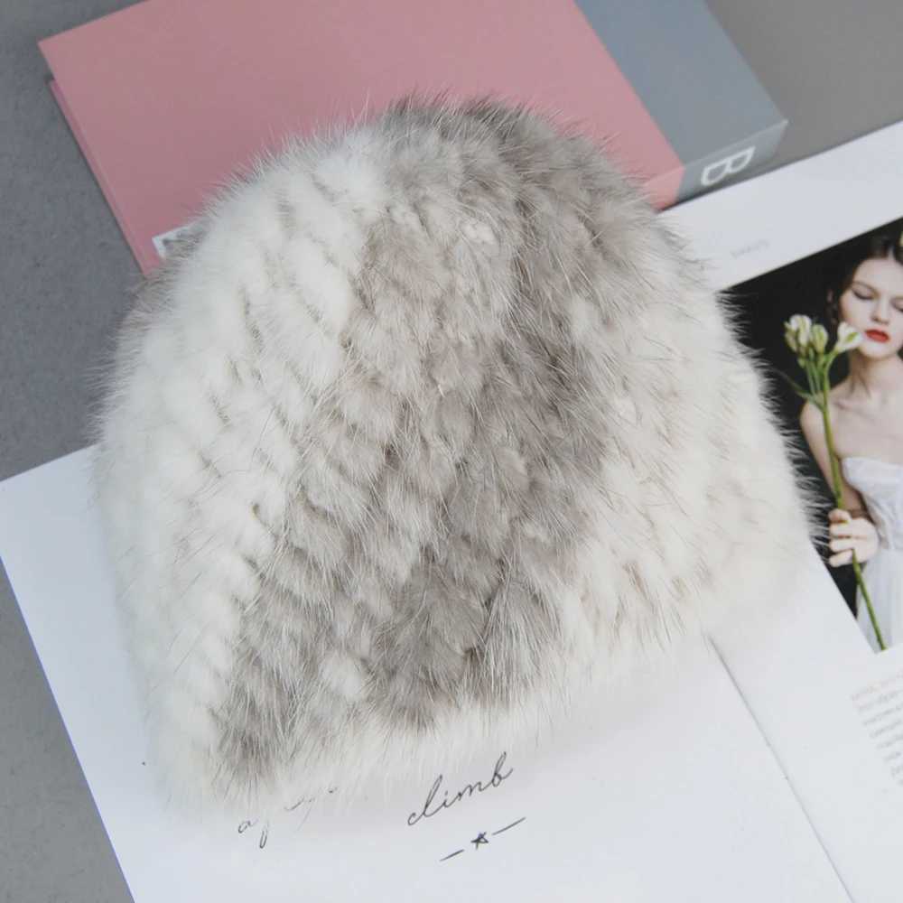 2024 Winter Womens Mink Hat Natural True Fur Knitted Hat Fashionable Fluffy Womens Genuine Leather Beans Womens Black Fur Hat W240822