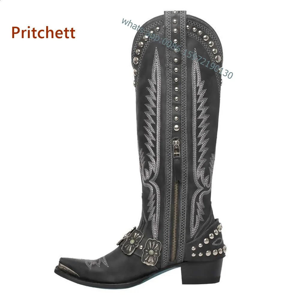 Rivet Embroidered Cowboy Boots with Toe Zipper Adult Womens Knight Boots Metal Decorative Punk Square Boots Winter Casual Shoes 240823