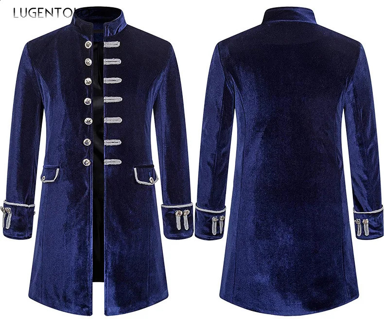 Men Steampunk Coat Fashion Party Medieval Vintage Velvet Uniform Stand Collar Mens Gothic Jacket Single-breasted Solid Trench 240822