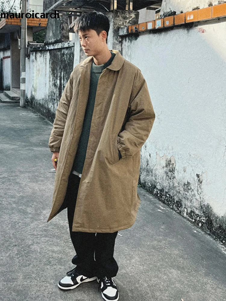 Mauroicardi Spring Autumn Oversized Long Thickened Warm Khaki Balmacaan Trench Coat Men Single Breasted Chic Unisex Clothes 240822
