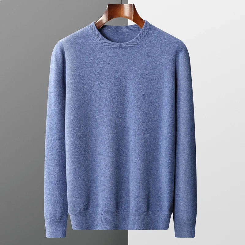 100% Merino wool mens sweater Oneck knitted long sleeved zipper solid color casual top 240822