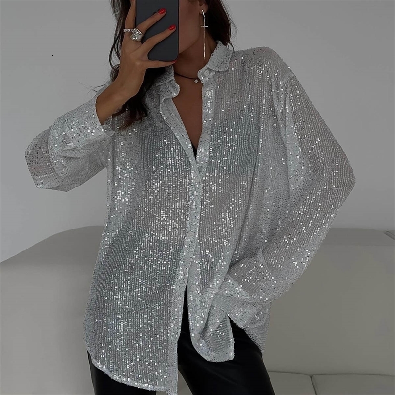 Womens Shiny Glitter Shirt Fashion OL Collar Single Chest Loose Shirt Summer Womens Shirt 240822