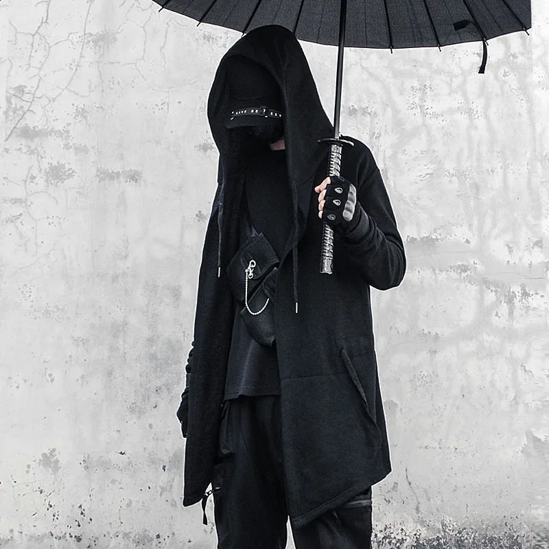 Punk Hip Hop Trench Coat Hooded Cloak Vintage Gothic Sleeveless Jacket For Men Street Casual Long Cape 240822