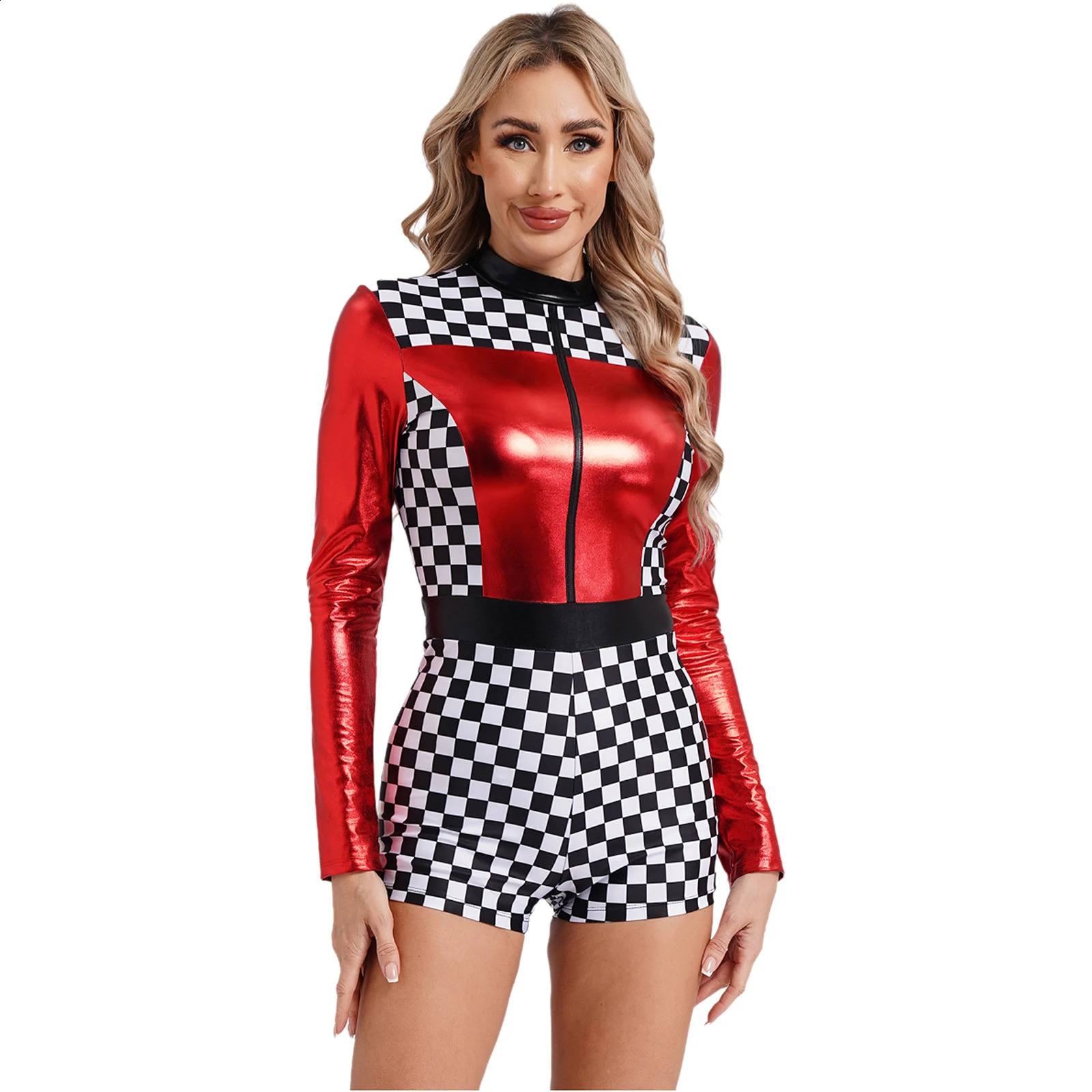Womens racing driver jumpsuit Halloween roleplaying costume theme checkered printed long sleeved boys shorts w240824