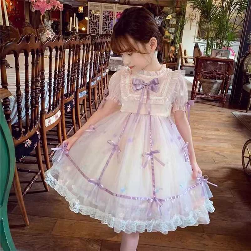Childrens Lolita Cake Dress Summer Elegant Bow Bubble Sleeves Girls Casual Party Dress Formal Occasion Childrens Clothing W240823