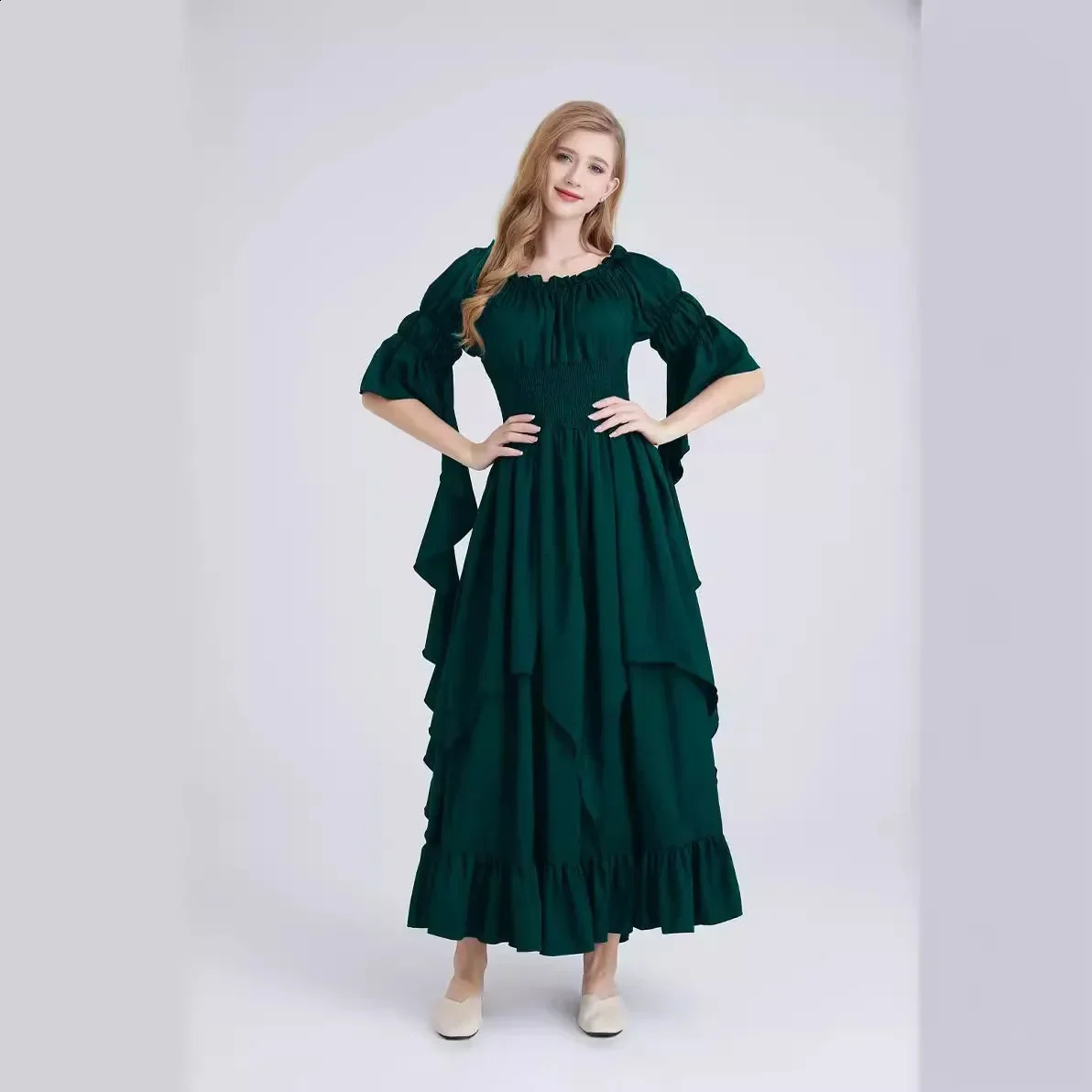 Retro womens shoulder tight corset waist Halloween dress in red black and green 240823