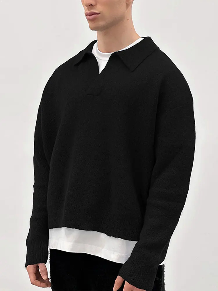 Fashionable solid mens polo knitted sweater autumn oversized lapel top casual street thin pull jumper 240822