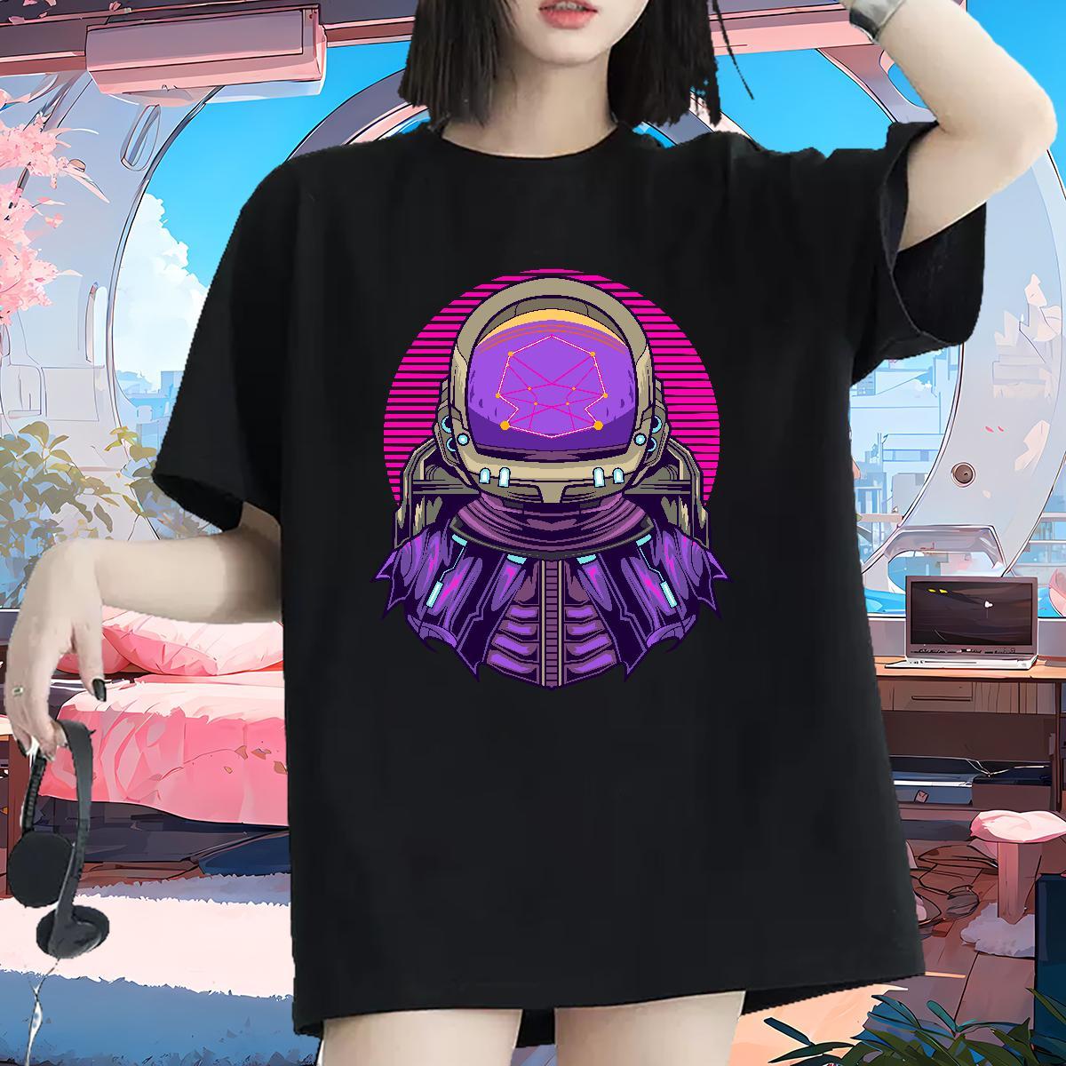 Wholesale Lady T shirt 230g Pure Cotton cosmonaut Sports Street Wear Women T Shirts Crew Neck Black Oversized Clothings