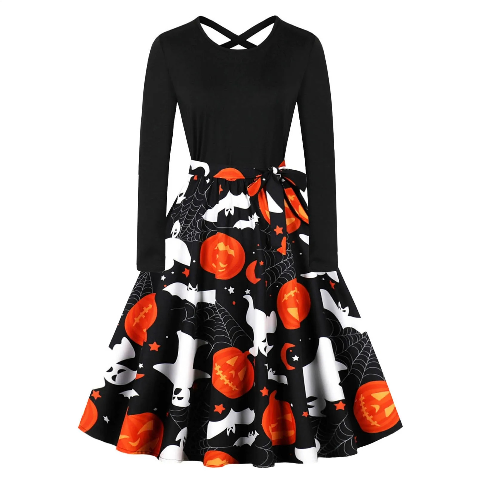 Halloween Christmas Party Dress Womens Long Sleeve Vneck Pumpkin Print Retro Casual Aline Role Playing Tank Top 240823