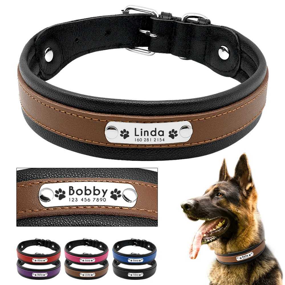 Big dog collar genuine leather dog collar personalized pet name ID collar pad customized for medium-sized big dogsX240823