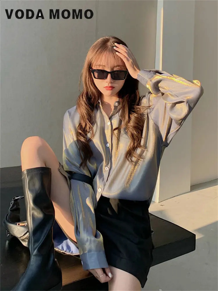 Spring Summer Korean Elegant Women ShinyBlouses Tops Long Sleeved Silk Shirts Gradient Shirts Loose Glossy Shirts Languid Wind 240823