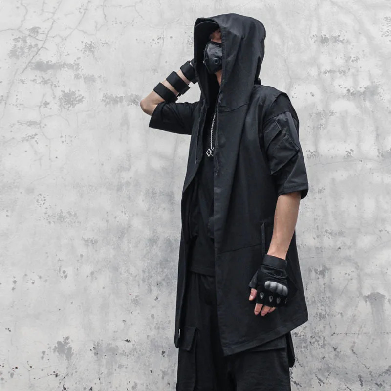 Punk Hip Hop Trench Coat Hooded Cloak Vintage Gothic Sleeveless Jacket For Men Street Casual Long Cape 240822