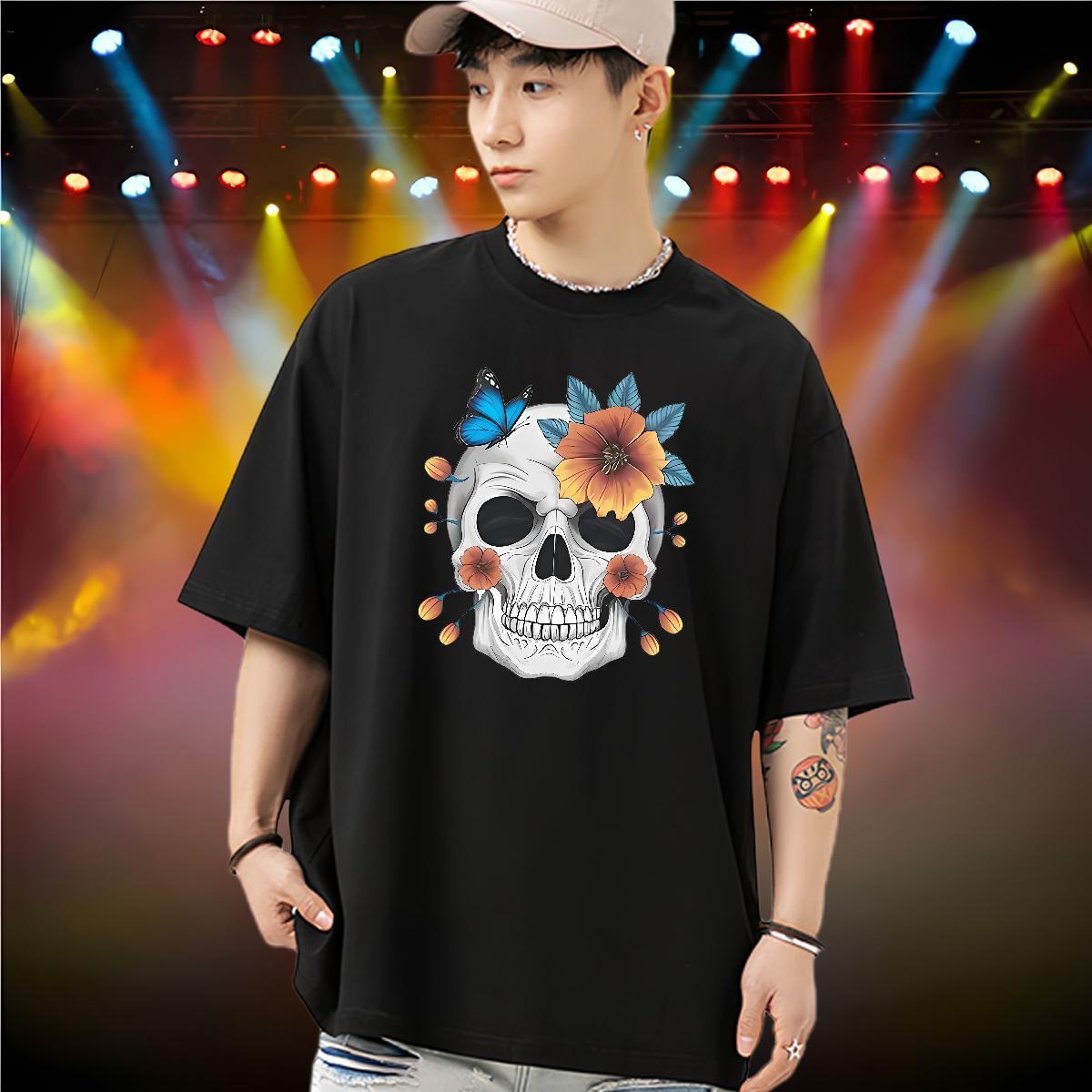 Unisex T-Shirts 230g Cotton skull Casual Black White Breathable Crew Neck Men Clothes T-Shirt Wholesale Tshirts