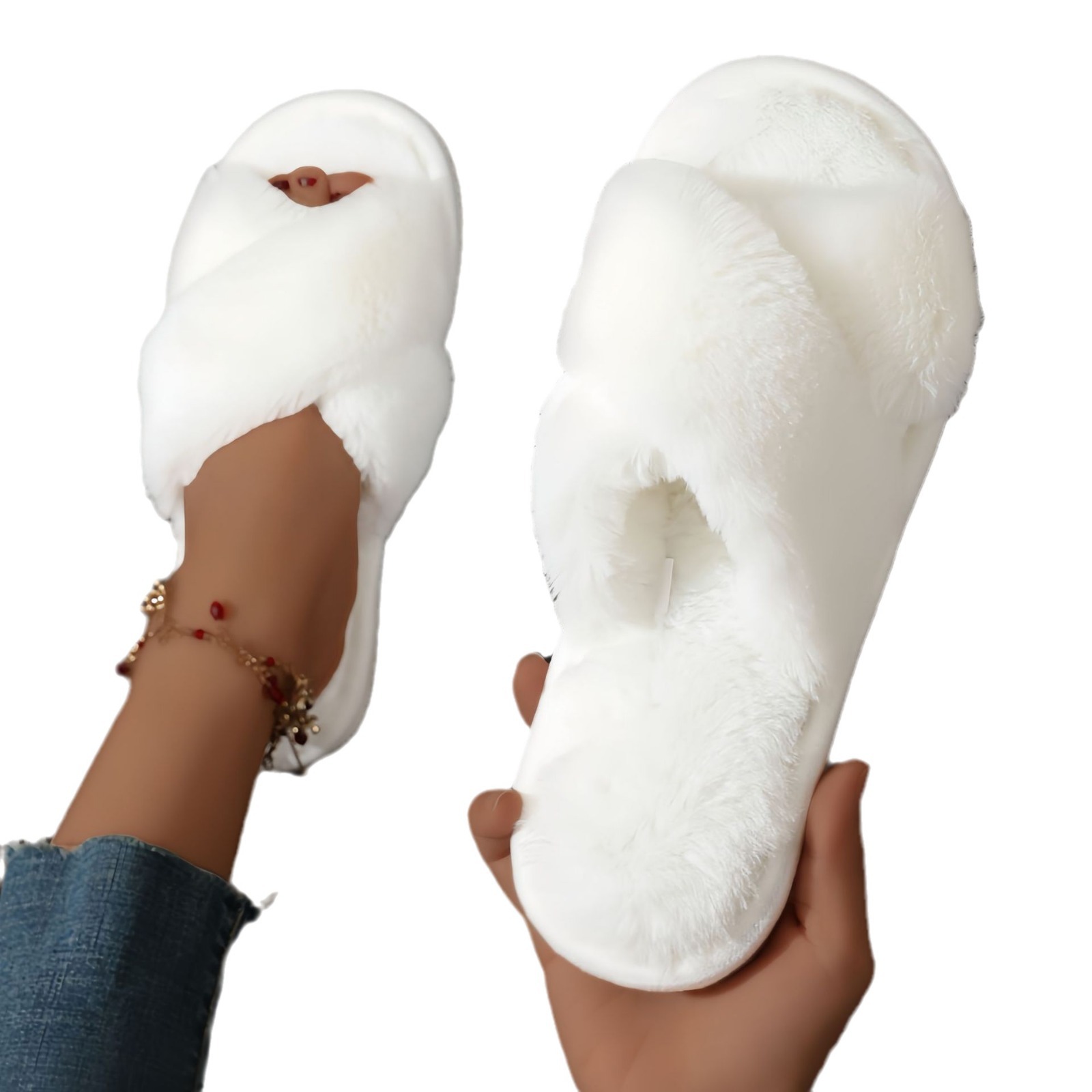 Women's Cross-Strap Fleece Cotton Slippers with Plush Fur Black Pink Grey